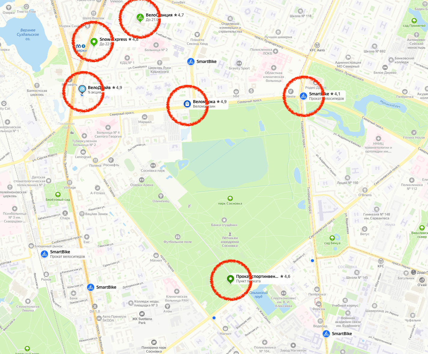 пункты проката рядом с парком сосновка